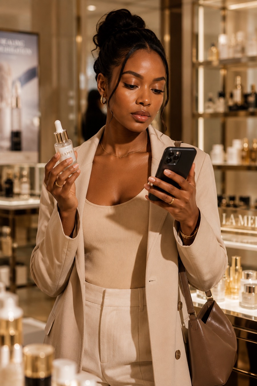 Vrouw vergelijkt een product in een parfumerie